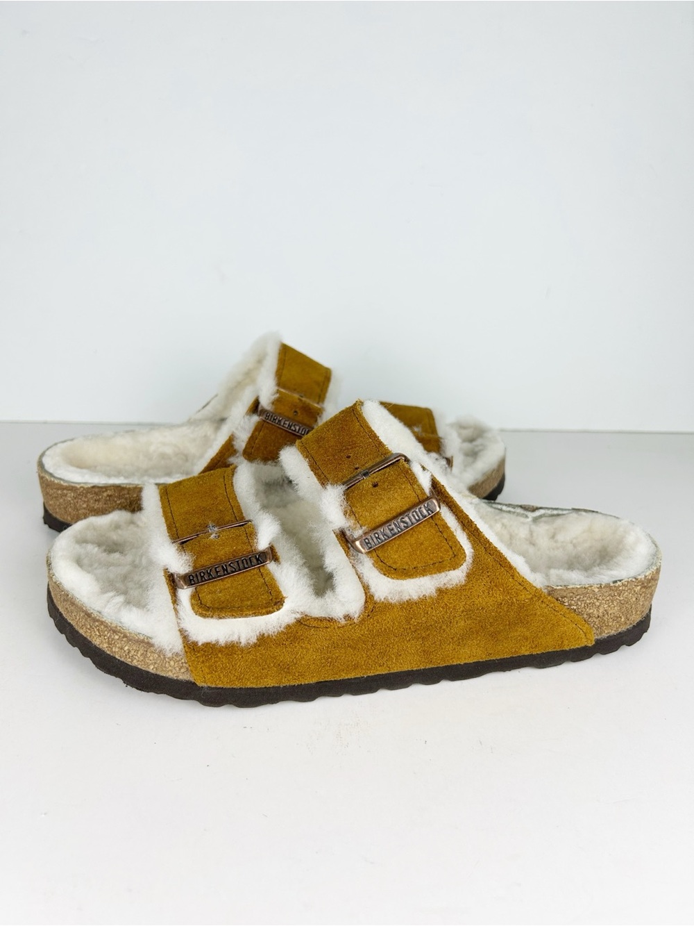 Birkenstock Arizona Shearling Mink Chestnut Suede Leather Sandals EU 39 US L 8